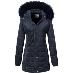 Women's Navy Winter Warm Coat Velvet Quilted Faux Fur Hood Puffer Jacket